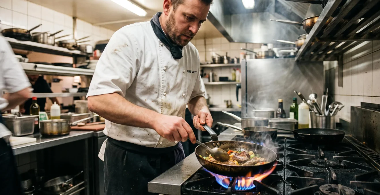 Chef en veste blanche cuisinant sur un piano professionnel au gaz dans une cuisine de restaurant, flammes bleues visibles