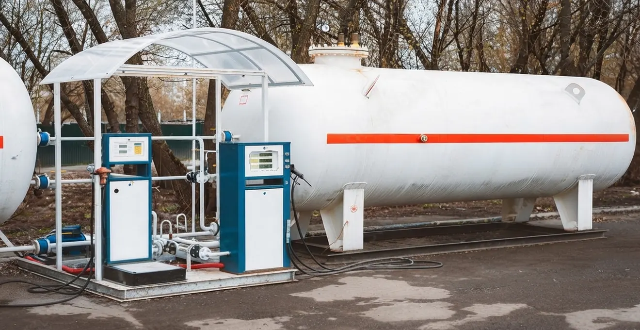 Livreur en tenue professionnelle remplissant une citerne de gaz à partir d'un camion-citerne blanc sur un site commercial français